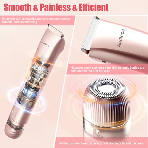 Bikini Trimmer for Women 2 in 1, Dual Head Womens Electric Shaver, Electric Razors for Pubic Hair, IPX7 Waterproof Rechargeable Facial Hair Removal for Shaving Underarm Leg Arm Body Face, Rose Gold