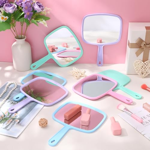 Geetery 24 Pcs Hand Held Mirrors with Handles Hand Makeup Mirrors Bulk Wall Mount for Women Cosmetic Bathroom Home Barber Salon Travel Portable Beauty School Gift, 6.69 x 9.45 Inch (Pastel)