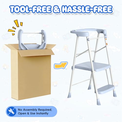 HBTower Foldable Kids Step Stool with Safety Railing - Blue, No Assembly, Toddler Tower for Independence