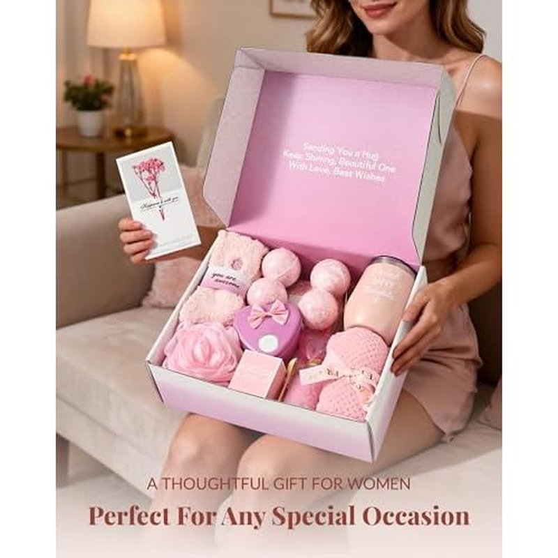 Belloxis Valentines Day Gifts for Her 15Pcs Spa Gifts for Women Self Friend Care Gift Baskets Get Well Soon Presents Pink Rose Care Relaxing Package Basket Set Valentine for Mom Sister Wife Grandma