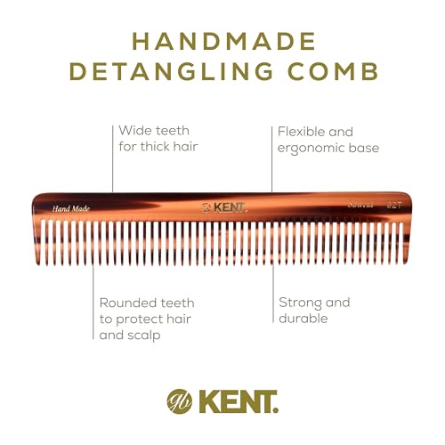 Kent 92T Tortoise Wide Tooth Detangler Combs for Men and Women, Hair Comb for Curly and Wavy Hair and Wet or Dry, Large Wide Tooth Dressing Comb, Handmade, Saw-Cut, Hand polished, Made in England
