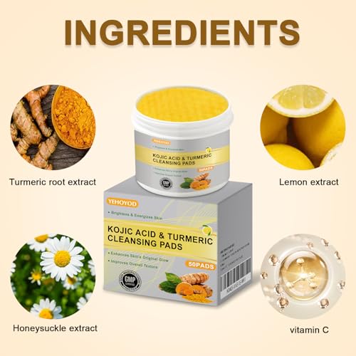 Turmeric Kojic Acid Cleansing Pads for Face Dark Spots - Hydrates & Plumps Skin- Sensitive Skin Friendly - Helps Balance Skin Oil and Water 50 PCS LXQ