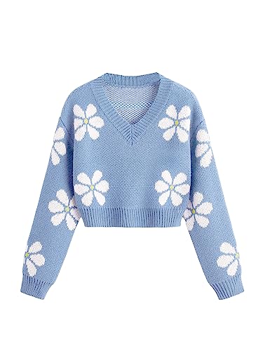 Girls' Floral Print V-Neck Cropped Sweater Jumper - 12 Years, Blue