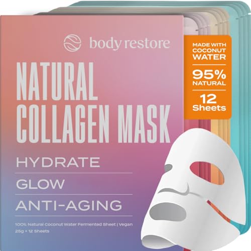 Body Restore Natural Collagen Face Mask 12 Pack ? Korean Skin Care Mask with Fermented Coconut Water, Christmas Stocking Stuffers, White Elephant, Birthday Gifts for Women & Men, Dry Skin - Variety
