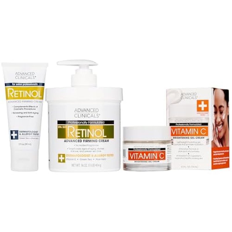 Advanced Clinicals Retinol Firming Cream + Retinol Travel Size Firming Cream + Vitamin C Brightening Face Gel Cream Set
