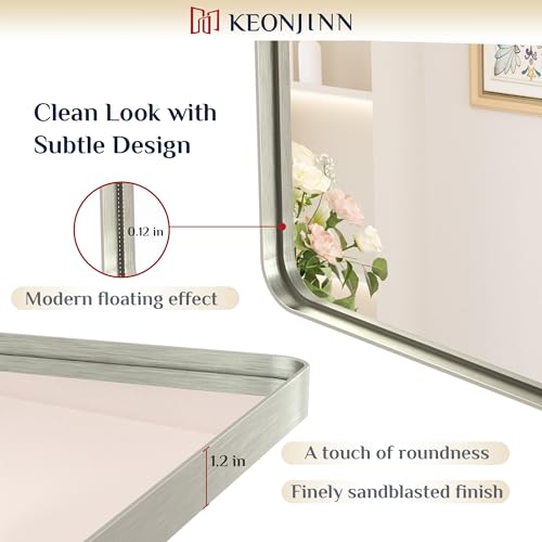 Keonjinn Brushed Nickel Bathroom Mirror 24 x 36 Inch Over Sink - Modern Rounded Frame