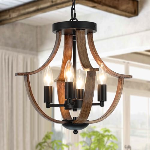 Dark Wood Grain 4-Light Farmhouse Pendant Light Fixture - Rustic Ceiling Chandelier