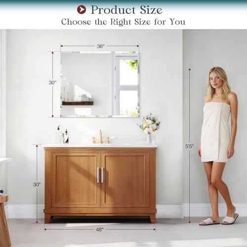 36x30 Inch Frameless Beveled Wall Mirror - Tempered Bathroom Vanity Mirror