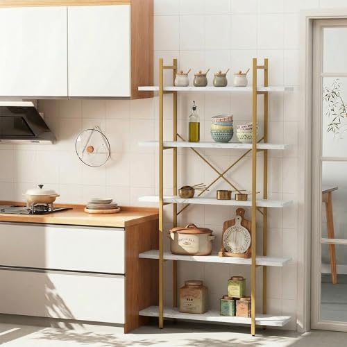White Faux Marble 5-Tier Ladder Bookcase - Modern Open Storage Shelving Unit