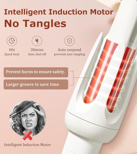 Automatic Hair Curler with 4 Temp & 3 Timer - White - Safe Rotating Wand