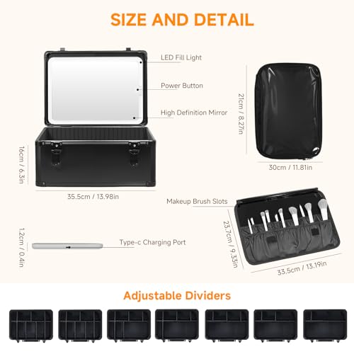 CHENGLIN Makeup Case with Lighted Mirror ? Waterproof Travel Train Case, Cosmetic Organizer with Adjustable Dividers, Magnetic LED Mirror, Portable Makeup Suitcase for Women, Black
