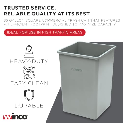 35 Gallon Heavy-Duty Square Plastic Trash Can - Gray Commercial Waste Bin
