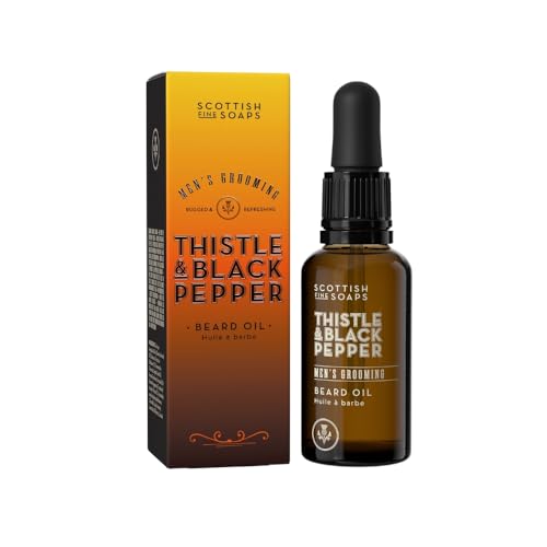 Scottish Fine Soaps Thistle & Black Pepper Beard Oil, Woody Amber Fragrance, Rugged & Refreshing Men's Grooming, 30ml with Milk Thistle Extract