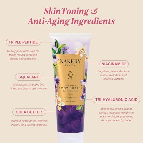 Nakery Skin Toning Body Butter for Women - Firming Body Lotion for Women - Peptide Infused Body Lotion for Crepey & Sagging Skin - Firming Lotion for Neck, Arms & Legs - Vanilla Blossoms