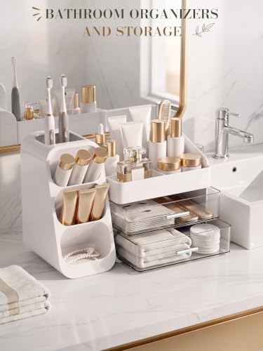 Large White Makeup Organizer for Vanity with 2 Drawers & Brush Holder - Clear Display