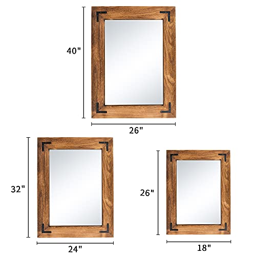 Rustic Wooden Wall Mirror - 32x24 Inch Farmhouse Bathroom Vanity Mirror - Brown - Vertical or Horizontal Hanging