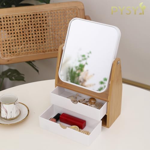 Rectangular Magnifying Makeup Mirror with Storage Box - 1X/5X Double-Sided, Bamboo Frame