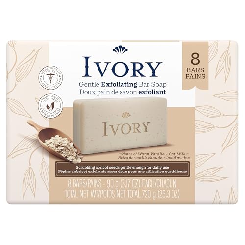 Ivory Exfoliating Bath Bar Soap, Designed for Whole Family with Plant-Based Cleansers, Made Without Heavy Perfumes, Parabens or Phthalates, Warm Vanilla + Oat Milk Scent, 3.17 oz (8 Count)