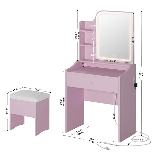 Small Lighted Vanity Desk with Mirror, Storage Stool & Charging Station