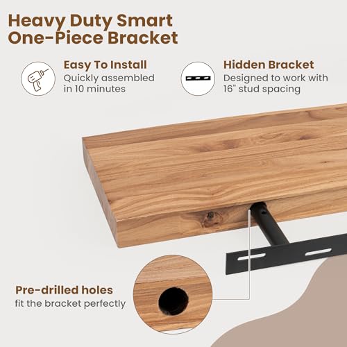 Live Edge Floating Shelves for Wall - 32 Inch Set of 2 Natural Elm Wood Shelves - Rustic Wall Storage