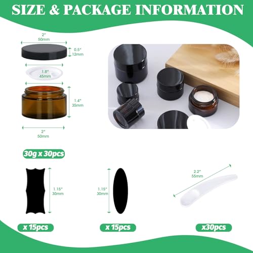 Yauhar 30g Amber Glass Jars Set with Inner Liners, Lids, Spoons & Labels for Cosmetics