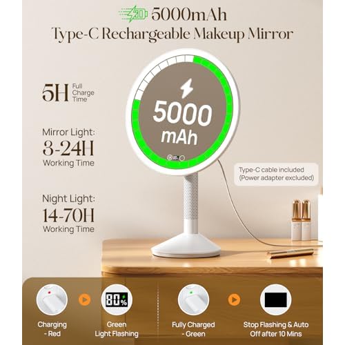 Gospire 10.8 Inch 2-in-1 Large Vanity Mirror with Lights & Bedside Table Lamp, Height Adjustable Lighted Makeup Mirror with Magnification 10X, 5000mAh Battery, 3-Color Desk Light Up Mirrors Bathroom