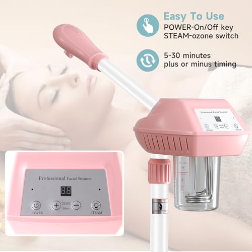 Face Steamer on Wheel Professional Ozone Face Steamer for Deep Facial Cleansing Pink