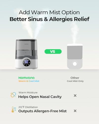 Homvana Grey 7L Large Room Humidifier with Warm & Cool Mist, Auto Humidity Control, Quiet Top-Fill Design