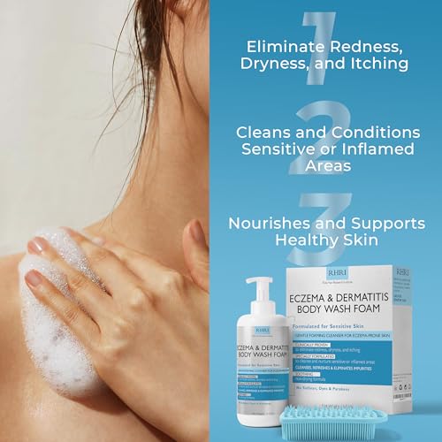 Eczema Body Wash Foam Sensitive Skin - Gentle Foaming Cleanser with Exfoliating Brush