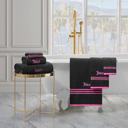 Juicy Couture Black and Hot Pink Border Bath Towels 6-Piece Cotton Set - Quick Dry