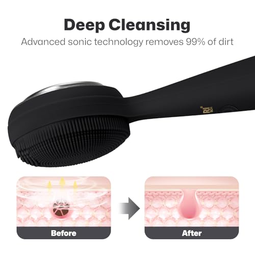 PRITECH Facial Cleansing Brush, Rechargeable Silicone Face Scrubber with Constant-Temperature Heating, Vibrating Exfoliator Scrubber for Deep Pore Cleaning, Waterproof Face Brush for Women & Men-Black