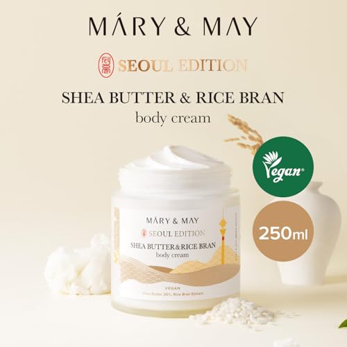 Mary&May SEOUL EDITION Shea Butter & Rice Bran Body Cream - Korean Vegan Boby Moisturizer for Dry and Sensitive Skin with Ceramide - Fragrance Free Body Butter, 8.45oz.