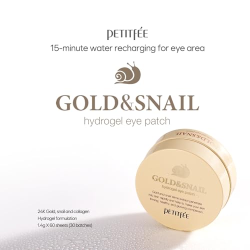 Petitfee Gold & Snail Hydrogel Eye Patch 60ea (30pairs) - 24k Gold Snail Eye Mask for Firming, Healthy Skin, Hydrating, Skin Elasticity, Snail Secretion Filtrate, Bamboo Extract, Green Tea Extract