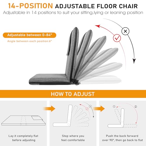 FASTMOMENT Foldable Floor Chair with Back Support & Adjustable Positions, Grey & Black
