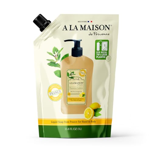 A LA MAISON French Liquid Hand Soap RefilL - Natural Hand Wash Made with Essential Oils - Biodegradable, Plant-Based, Vegan, Cruelty-Free (33.8 Fl Oz Pouch, Provence Lemon)