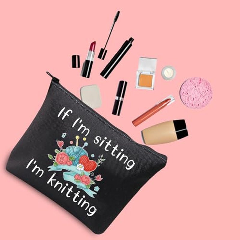 JXGZSO Funny Knitting Gift If I'm Sitting I'm Knitting Cosmetic Bag With Zipper Knitting Project Bag Crochet Lover Gift (I'm Sitting I'm Knitting Black)