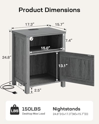 Farmhouse Nightstand with Charging Station and Storage - Dark Grey Wood End Table