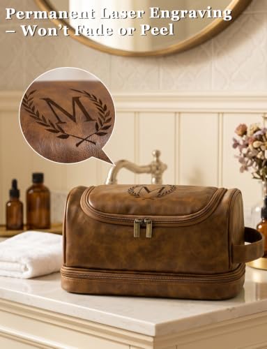 Personalized PU Leather Travel Toiletry Bag for Men Him - Light Brown M