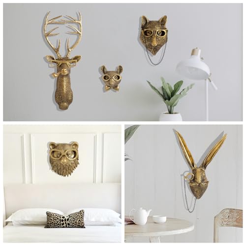 GUASDIE 5PCS Animal Heads Wall Decor Set, Gold Faux Deer & Rabbit Sculptures