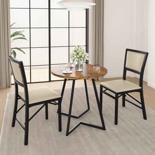 VECELO Creamy Beige Foldable Dining Chairs Set of 2 - Padded Metal Guest Seating