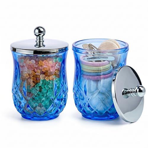 Blue 10Oz Glass Q-Tip Holder 2 Pack - Round Bathroom Cotton Organizer