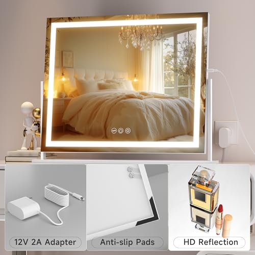 Hasipu Vanity Mirror with Lights, 23.6" x 18.1" LED Makeup Mirror, Light up Mirror with Smart Touch 3 Colors Dimmable, Brightness Adjustment, 360¡Æ Rotation (White)