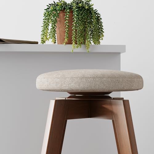 Counter Height Backless Kitchen Bar Stool - Solid Wood, 360 Swivel, Medium Brown / Beige