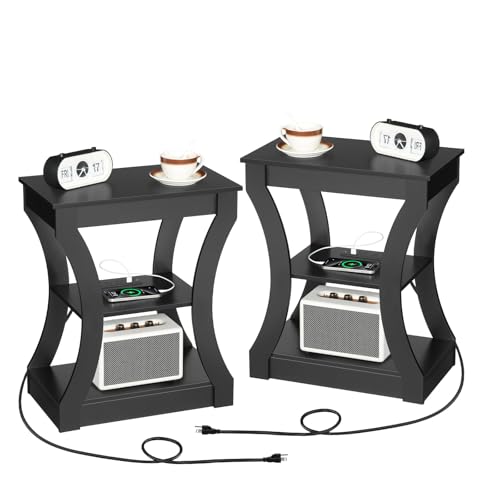 MAHANCRIS End Tables Set of 2 with Charging Station, Black (2/Black)