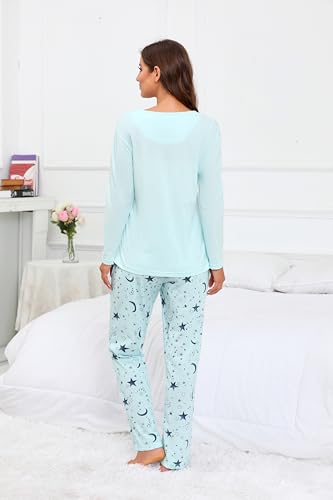 Women's Pajama Sets Cotton Long Sleeve Top & Full-Length Pants - Medium Blue Star Variation