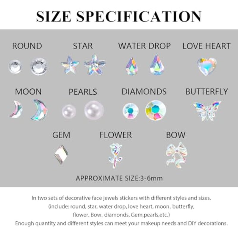 4 Sheets Face Gems Stickers, Self-Adhesive Face Jewels Diamonds Rhinestones for Makeup, Eyes, Nail Pearls Star Temporary Decoration Tattoos