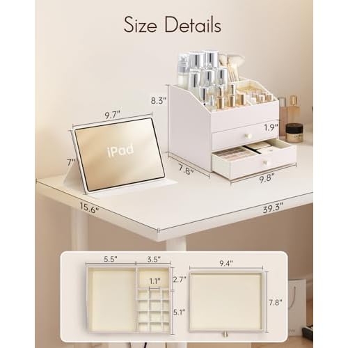 Vlando Makeup Organizer,Skincare Organizer for Vanity£¬PU Leather Make up Organizer with Drawers Cosmetic Display Case for Countertop,Perfume,Gifts Ideas for Women (Apricot White)