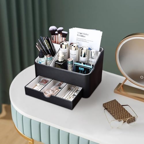 KINGFOM Leather Makeup Organizer with Drawer - Black Cosmetic Storage for Vanity & Countertop
