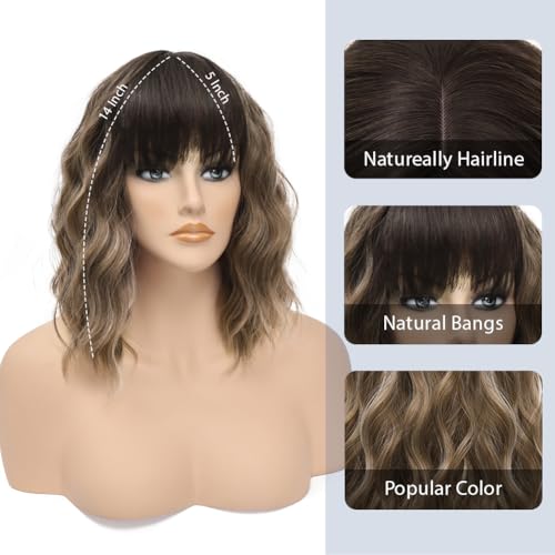 LOSOMEEER Short Wavy Bob Wig with Bangs - Honey Blonde Highlight, 14 Inch, Heat-Resistant Fiber