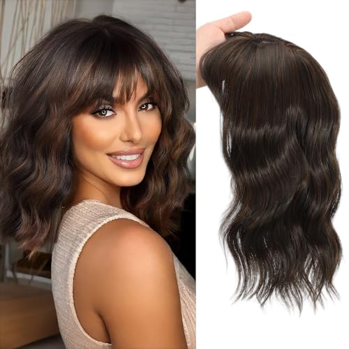 14 Inch Curly Wavy Hair Topper for Women - Dark Brown Mixed Chestnut, Clip-In Volume Enhancer